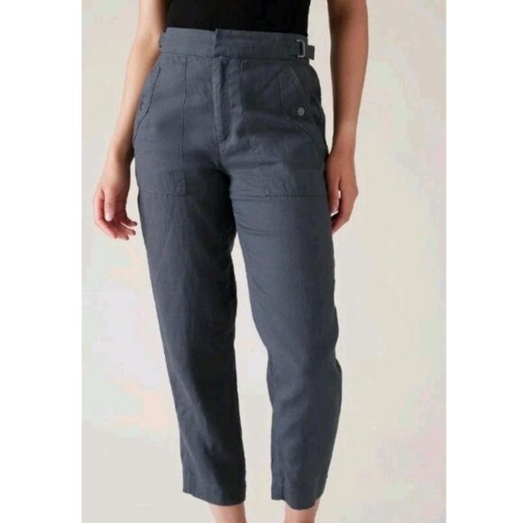 Athleta Voyager 100% Linen Pant Size 2 High Rise Granite Blue Adjustable Waist - Picture 1 of 11